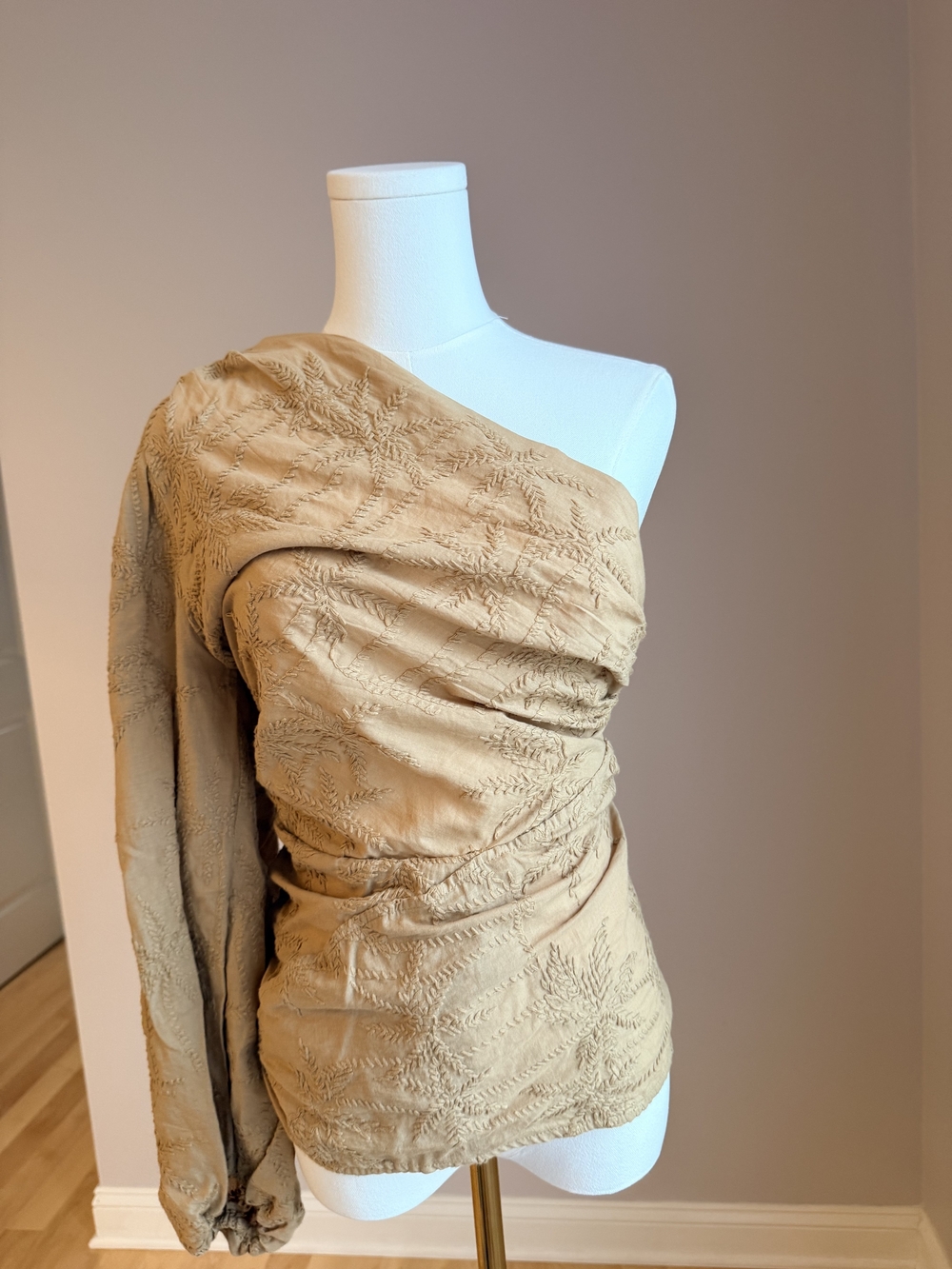 Maje One-Shoulder Ruched Tunic — Beige